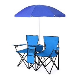 phonicgrid Foldable Camping Chair Outdoor Portable Picnic Double Chair with Umbrella Folding Beach Chair Backpacking Blue