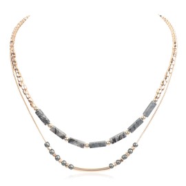 RIAH FASHION Bohemian Genuine Natural Stone Wood Bead Strand Statement Necklace - Multi Layer Drape, Sparkly Crystal Wrap, Long Chain, Choker (CCB, Natural Stone Layered Necklce - Black)
