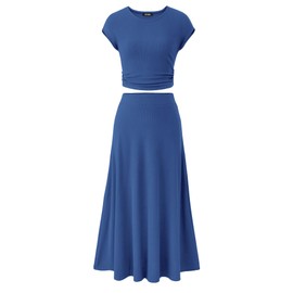 BTFBM Women Two Piece Skirt Set Summer 2025 Casual Vacation Crew Neck Short Sleeve Cropped Top Elastic Waist Midi Skirts(Deep Blue, Small)