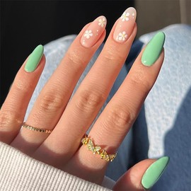 Flower Press on Nails Short Almond Fake Nails Green False Nails with White Floral Designs Acrylic Nails Glossy Full Cover Stick on Nails Reusable Nails for Women Girls 24 Pcs