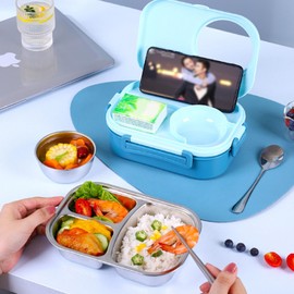 1pc Stackable Stainless Steel Bento Box for Kids and Adults - BPA-Free, 3 Compartment Lunch Container with Reusable Bowl and Cutlery, Fork & Spoon,Bule Bento Lunchbox (Blue)