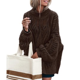 MEROKEETY Sweaters for Women 2025 Fall Oversized Pullover Crochet Lantern Long Sleeve Mock Neck Casual Loose Tops, Coffee, Small