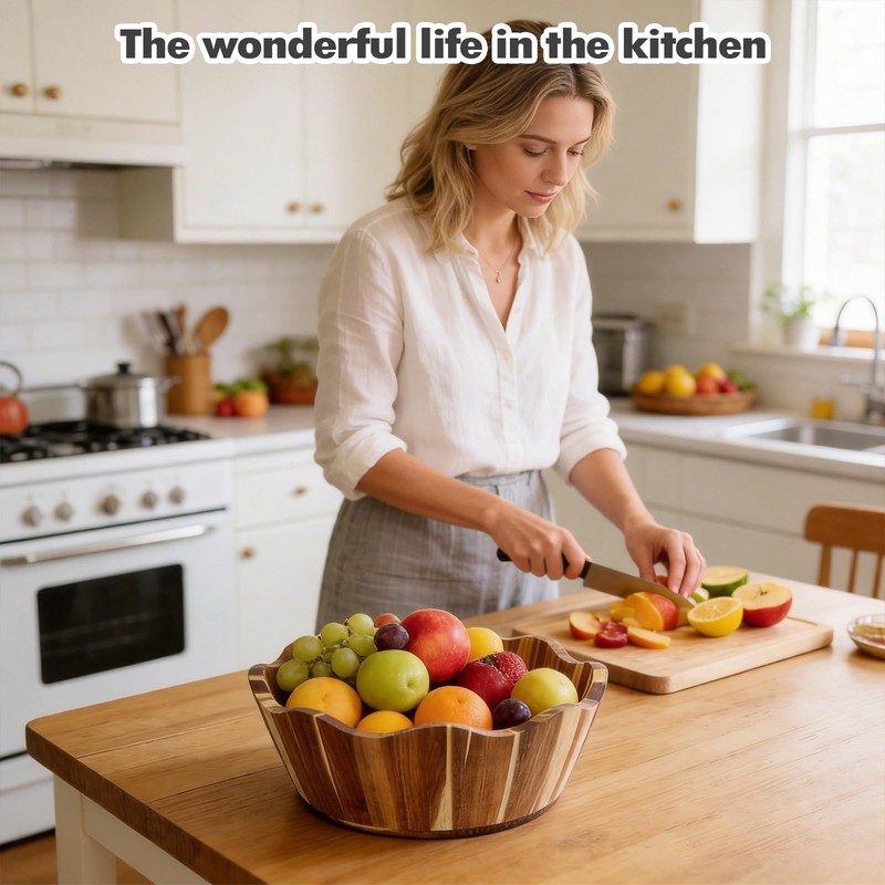 Wooden Fruit Bowl, Large Kitchen Counter Fruit Basket Storage
