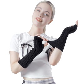 HeyToo Knit Fingerless Gloves for Women Winter Fingerless Long Gloves for Women Women’s Long Knit Fingerless Gloves Twist Black
