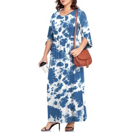 TAOHUADAO Women's Summer Plus Size Dresses Crewneck Ruffle 3/4 Sleeve Casual Maxi Dress XL-6XL with Pockets 5X-Large, Blue Tie Dye