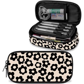 Beige with Black Flower Large Pencil Pouch Big Capacity Cute Pencil Case for Girls Boys Teen Women Men Adult,Portable Kids Pencil Bag with Zipper,Stationery Storage Pen Bag for School Office Organizer