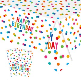 2 Packs Happy Birthday Tablecloth Plastic 54 X 108Inch, Birthday Party Decorations Table Cloth Disposable Colorful Rainbow Dots Birthday Table Cover for Boys Girls Birthday Party Supplies (Birthday)