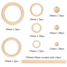 93 Pcs Macrame Kit Includes 4pcs Macrame Wooden Sticks 34pcs Wooden Rings Circles 55pcs Wood Beads Unfinished Wood Rings Beads Sticks for Macrame Wall Hanging Craft DIY Plant Hangers Crafts Knitting
