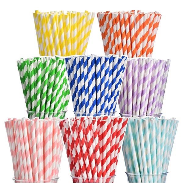 VITEVER Pack of 200 Biodegradable Paper Straws, 8 Colours Striped