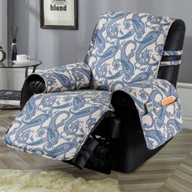 STONECREST Non Slip Recliner Chair Cover - Paisley Printing, Cotton Pre-Washed Recliner Cover, Embroidery Quilt Recliner Slipcover, Stay in Place (Blue, Recliner 25" Regular)