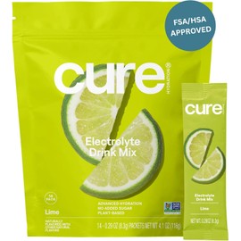 Cure Hydration | Plant-Based Electrolyte Drink Mix | No Added Sugar | FSA-HSA | Dehydration Relief Powder Made with Coconut Water | Non-GMO | Vegan | Pouch of 14 Packets - Lime