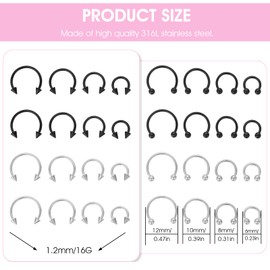 Tucnoeu 32pcs 16G Septum Piercing Black Silver with Replacement Cone, Horseshoe Piercing Set, Nose Septum Piercing for Men and Women, Stainless Steel, No Gemstone