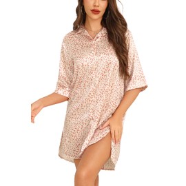 Anjue Women's Satin Nightshirt V Neck Silk Nighties for Women Button Down Sleepwear Summer Bride Pjs for Wedding Set