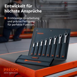 PRESCH 8-Piece Combination Spanner Set Including Bag (8 - 19 mm) - Precision Milled & Extremely Robust Combination Spanner Set - 15° Angled for Working in Confined Places - High-Quality Spanner