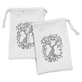 Lunarable Celtic Fabric Pouch Set of 2, Single Tree Life Swirly Long Branchesnd Roots European Theme, Small Drawstring Bag for Toiletries Masks and Favors, 9" x 6", Charcoal Grey White