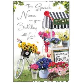 Jonny Javelin Niece Birthday Card - Happy Birthday Card with Flower Stall and Bicycle Design and Special Finishes - Birthday Cards for Women, Girls