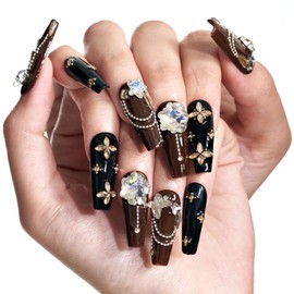 GLAMERMAID 10 Pcs 3D Luxury Handmade Press on Nails Long Coffin, Burgundy Acrylic Fake Nail with Rhinestones Charms, Gothic Dark Red Stick Glue on False Nails, Size S