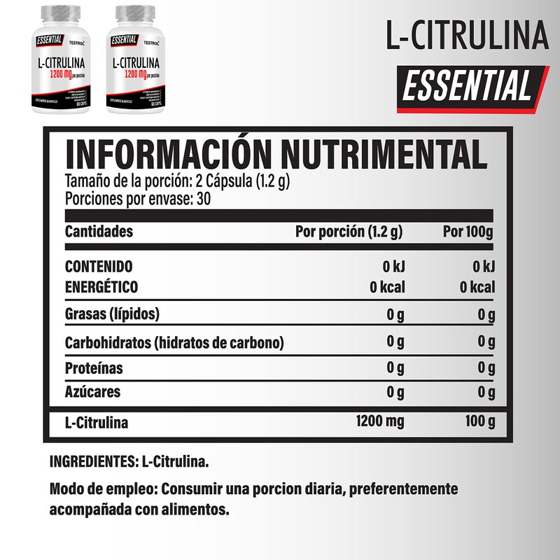 TESTROL. L Citrulina Essential 1200 mg, precursor natural del óxido