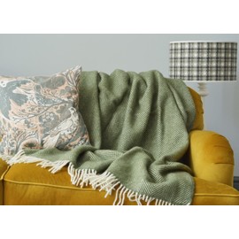 Tweedmill Textiles Fishbone Throw Blanket -100% Pure New Wool - BRITISH MADE - OLIVE GREEN