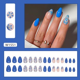 Flower Press on Nails French Tip Fake Nails Short Almond False Nails Full Cover Design Acrylic Nails Spring Summer Flowers Nail Tips Reusable Artificial on Nails for Women Daily Wear Nails 24Pcs