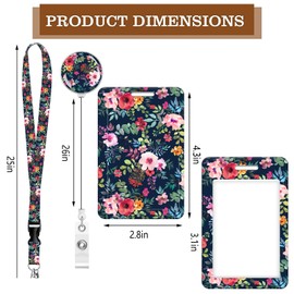 OZVE ID Badge Holder with Retractable Badge Reel Clip and Lanyard, Cute Card Name Tag Lanyard Vertical ID Protector Bage Clips for Nurse Doctor Teacher Student(Black Flower)