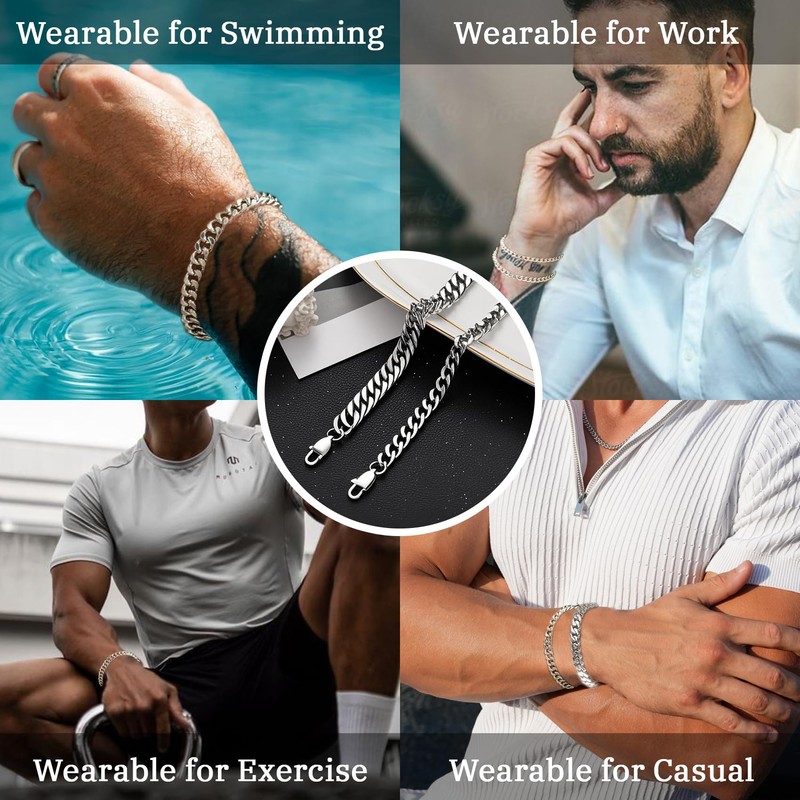 2 Pcs Stainless Steel Bracelet for Men Women Sturdy Silver