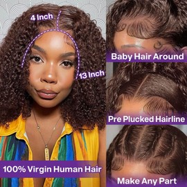 HIRIREMY Short Chocolate Brown Deep Wave BOB Wigs Human Hair For Black Women 13x4 HD Dark Brown Curly BOB Lace Front Wigs Human Hair Pre Plucked Wear And Go Glueless 12 Inch
