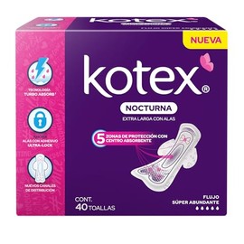 Kotex Nocturna Extra Larga Con Alas, Toalla Femenina, Paquete 40 Toallas, Ideal para Flujo Súper Abundante