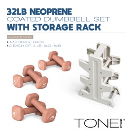 Tone Fitness 32 LB Neoprene Dumbbell Set with Storage Rack – Non-Slip, Anti-Roll Hand Weights for Home Gym Workouts - Orange