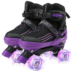 HXWY Kids Roller Skates for Boys Girls Child, Adjustable 4 Sizes Roller Skates for Adult and Youth with Light Up Wheels, Black Purple Patines para niñas for Outdoor Indoor Sports (Large - Youth (4-7)