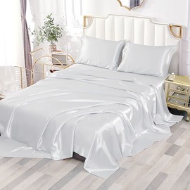 Sfoothome White Satin Sheets 4-Pieces Queen Silky Sheets Microfiber Bed Sheet Set with 1 Deep Pocket Fitted Sheet, 1 Flat Sheet and 2 Pillowcases