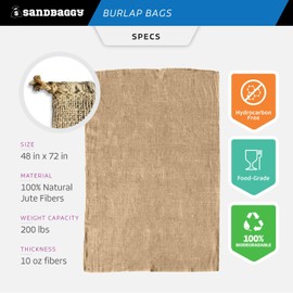 Sandbaggy 48" x 72" Extra Large Burlap Bags (200 Lb Capacity) - Food Grade, Hydrocarbon Free - Jute Potato Sacks, Plant Covers, Animal Feed Sacks, Food Storage (5, 48" x 72")
