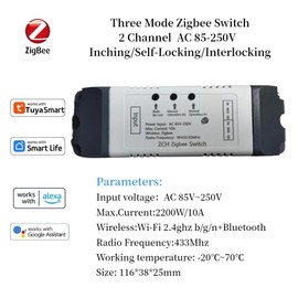 2 Channel AC 85-250V ZigBee Smart Switch,Adjustable Selflock and Momentary Working Mode,Works with Smart Life/Tuya Gateway