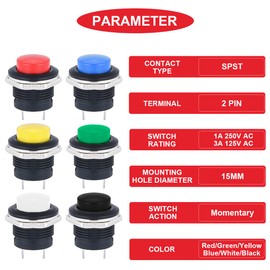 MKBKLLJY 6Pcs 16mm Red/Green/Black Momentary Push Button Switch SPST ON OFF Switch 3A 250V AC/6A 125V AC 2Pin Self-Resetting Round Switch with Locked Terminal Wires and Wiring cap for Car Boat Truck