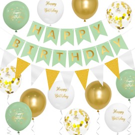 Happy Birthday Banner for Girls Women Birthday Party Decorations Sage Green Birthday Decorations for Women Girls with 16pcs Thick 12 Inch Sage Green Birthday Party Balloons by Wonsta