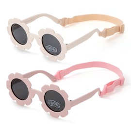 Komorebi Baby Girl Sunglasses with Strap Toddler Sunglasses Age 1-2 AdjustableFlower Design for Newborn Infant (0-24 Months) White&Pink