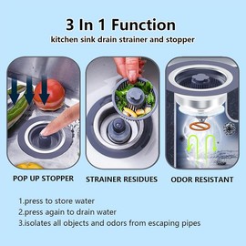 Upgraded 3 in 1 Kitchen Sink Drain Strainer 304 Stainless Steel Pop up Kitchen Sink Stopper Kit Basket Strainer with for Standard 3-1/2 inch Drain Filter