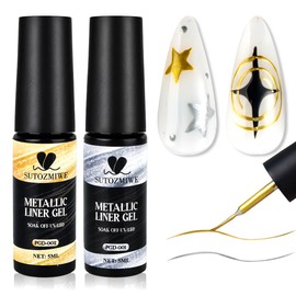 SUTOZMIWE 2Pcs 5ML Metallic Gel Liner Nail Polish Gold Silver 3D Mirror Chrome Effect Painting Gel with Thin Brush for French Nail Design Metal Painted Drawing Striped Wave at Home Salon