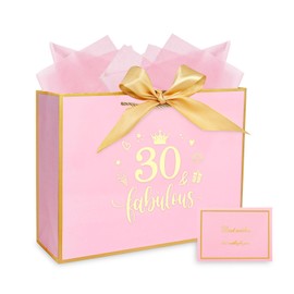 12.6" Large Pink 30th Birthday Gift Bag with Tissue Paper and Cards - 12.6× 9.84× 4.33 Inches 30th Gift Bag for Presents