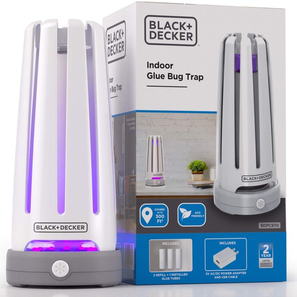 Black + Decker Indoor Glue Bug Trap | Electric UV LED Insect Catcher Lamp for Flies, Mosquitoes, Gnats & Other Flying Pests | 300 Sq/Ft Coverage for Your Home and Kitchen