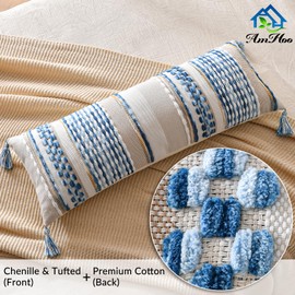 AmHoo Chenille Striped Textured Boho Throw Pillow Covers Aesthetic with Tassels Woven Decorative Pillow Case for Couch Bed Sofa Bedroom Modern Funky 14 x 36-Inch Sky Blue