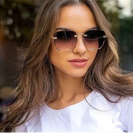 Luxora Diamond-Cut Rimless Tinted Len Gradient Sunglasses - Elegant Stylish Oversized Fashionable Shades with Gold Accents (Gradient Grey)