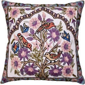 Kashmir Designs Tree of Life Pillow Cover | Lavender Floral Pillowcase | Designer Flower Pillow | Suzani Cushions | Flower Pillow | Modern Floral Cushion | Hand Embroidered Cushions Wool Size - 18x18