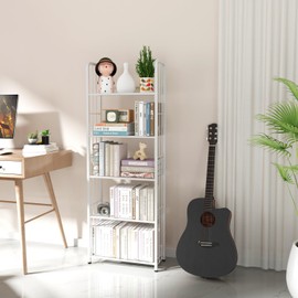 Azheruol White 5 Tiers Tall Bookshelf, Industrial Storage Shelf, Multifunctional Narrow Bookcase, Display Standing Shelf Units for Living Room, Bedroom, Kitchen