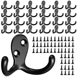 Coat Hooks Wall Hooks for hanging - 25 pack Black Double Prong Hook Wall Mounted - Great for Living Room, Bedroom, Entryway, Closet for Coat, Bag, Towel, Hat, Key, Cup, Heavy-Duty, Easy to Install