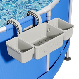 Kompoll Poolside Storage with 2 Pool Cup Holder, Thickened Plastic Pool Basket for Above Ground Pool Accessories, Multifunctional Poolside Holder Fits for Most Frame Pools (1 Pack)