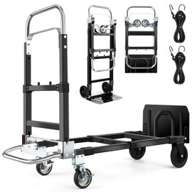 3 in 1 Convertible Hand Truck Dolly with Brakes,Heavy Duty Folding Hand Truck with 600LB Capacity,Portable Dolly Cart with Rubber Wheels and Telescoping Handles for Moving