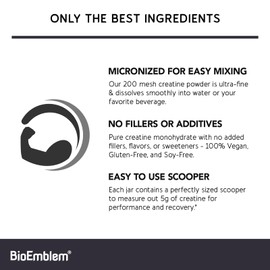 BioEmblem BioEmblem Creatine Monohydrate Powder ?C Micronized, Unflavored, 5000mg Per Serving(5g) ?C Supports Muscle Strength, Workout Recovery & Performance Creatine Supplement?C Vegan, Non-GMO, 60 Servings