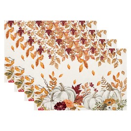Fall Placemats Set of 4,Pumpkin Maple Leaf Floral Table Mats 12x18 Inch,Autumn Leaves Flower Harvest Thanksgiving Heat-Resisting Non Slip Linen Burlap Place Mats for Kitchen Dining Table Decor