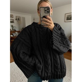 Saodimallsu Womens Oversized Sweaters Cable Knit Bell Batwing Sleeve Crew Neck Fall Winter Chunky Pullover Tops Black